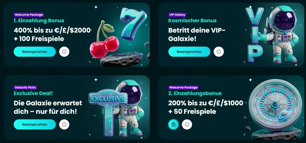 Space Slotz Casino Bonusangebote mit Welcome Package, VIP Galaxy und Freispielen