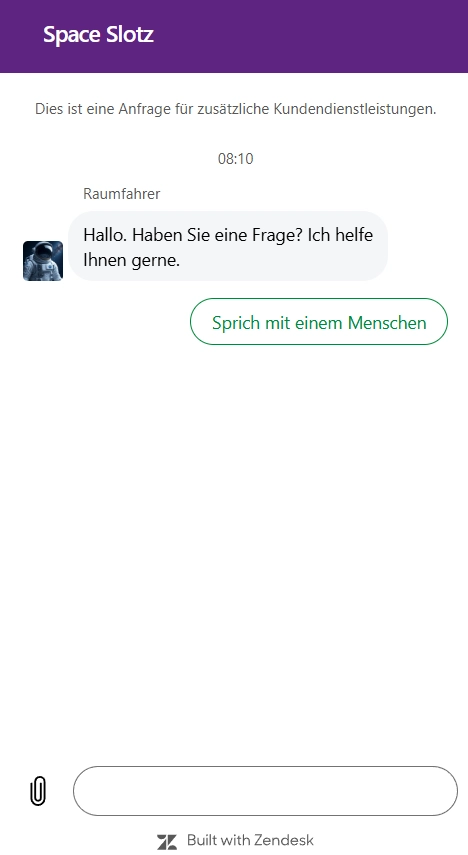 Space Slotz Casino Live Chat mit Support-Nachricht und Kontaktbutton