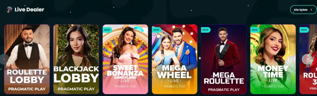 Space Slotz Casino Live Dealer Bereich mit Roulette, Blackjack und Game Shows