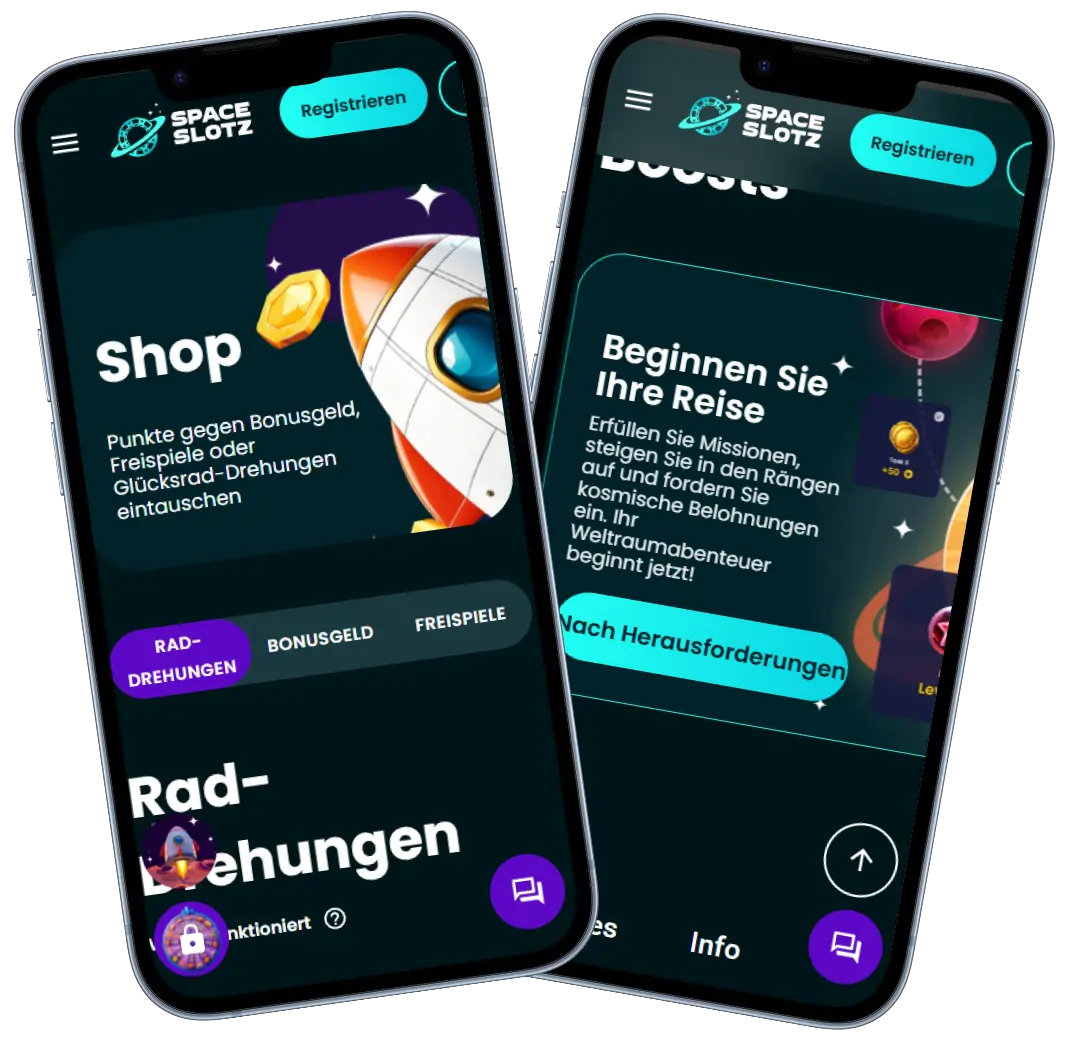 Space Slotz Casino mobile Browser-Version mit Shop, Missionen und Registrierung