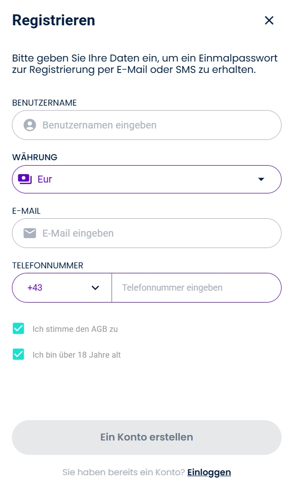 Space Slotz Casino Registrierung mit Benutzername, Währung, E-Mail und Telefonnummer