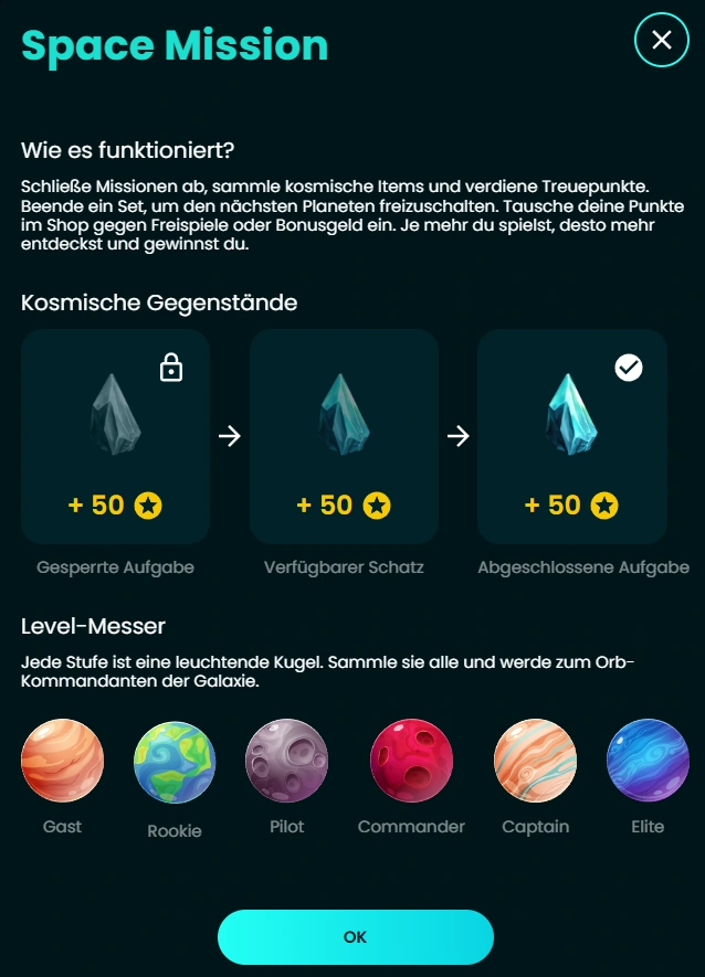 Space Slotz Casino Space Mission mit kosmischen Gegenständen und Level-Messer