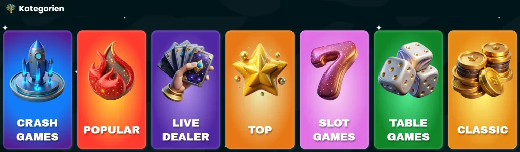 Space Slotz Casino Spielkategorien mit Crash Games, Live Dealer, Slots und Table Games
